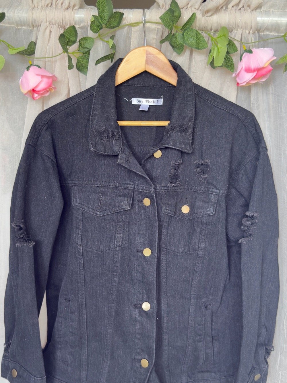 Say What? Black Distressed Denim Trucker Jacket